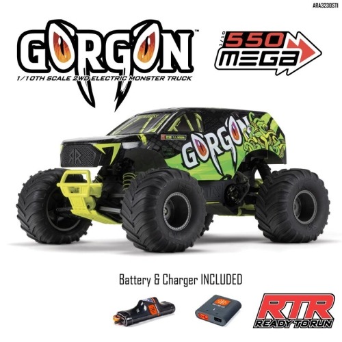 1/10 GORGON 4X2 MEGA 550 브러시드 몬스터 트럭 RTR (배터리 및 USB 충전기 포함, 노란색)